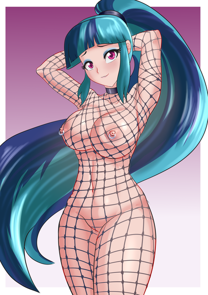 Size: 1445x2048 | Tagged: questionable, artist:thebrokencog, edit, sonata dusk, human, arm behind head, breasts, busty sonata dusk, choker, complete nudity, female, fishnet clothing, fishnets, functionally nude, gradient background, humanized, image, nipple piercing, nipples, piercing, png, solo, solo female, useless clothing