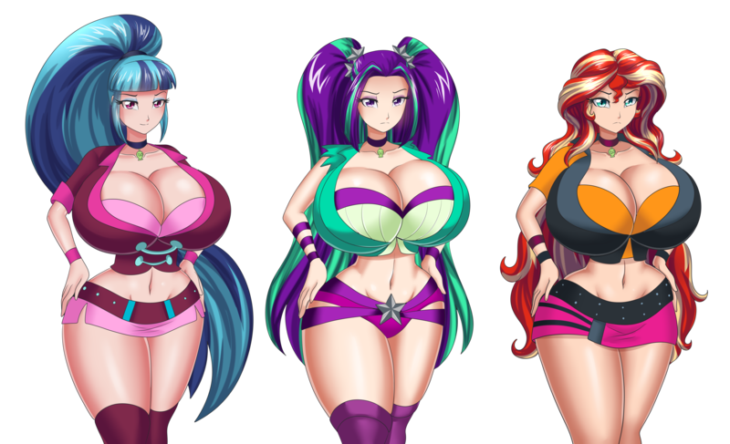 Size: 5559x3387 | Tagged: suggestive, artist:thebrokencog, adagio dazzle, aria blaze, sonata dusk, sunset shimmer, human, belly button, big breasts, breasts, busty adagio dazzle, busty sonata dusk, busty sunset shimmer, choker, cleavage, clothes, curvy, disproportional anatomy, female, females only, hourglass figure, huge breasts, humanized, image, impossibly large breasts, microskirt, miniskirt, mound of venus, png, skimpy outfit, skirt