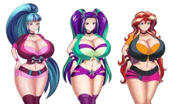 Size: 5559x3387 | Tagged: suggestive, artist:thebrokencog, adagio dazzle, aria blaze, sonata dusk, sunset shimmer, human, belly button, big breasts, breasts, busty adagio dazzle, busty sonata dusk, busty sunset shimmer, choker, cleavage, clothes, curvy, disproportional anatomy, female, females only, hourglass figure, huge breasts, humanized, image, impossibly large breasts, microskirt, miniskirt, mound of venus, png, skimpy outfit, skirt