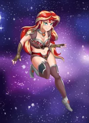 Size: 785x1080 | Tagged: safe, artist:thebrokencog, sunset shimmer, human, armor, choker, clothes, costume, humanized, image, png, shoulder pads, solo, space, stockings, thigh highs, unconvincing armor, woman