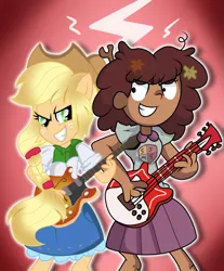 Size: 3485x4209 | Tagged: safe, artist:doraeartdreams-aspy, derpibooru import, applejack, equestria girls, amphibia, anne boonchuy, cowboy hat, crossover, electric guitar, guitar, hat, image, musical instrument, png, ponied up