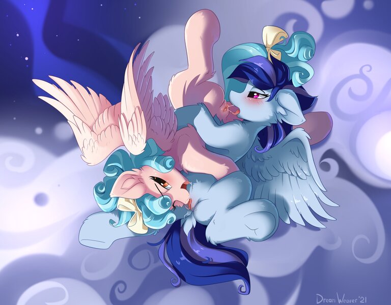 Size: 3200x2500 | Tagged: explicit, artist:dreamweaverpony, cozy glow, oc, pegasus, pony, 69 position, canon x oc, cunnilingus, female, flying, lesbian, mare, mile high club, nudity, older, older cozy glow, oral, sex, vaginal secretions, vaginal secretions trail, vulva