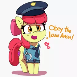 Size: 3000x3000 | Tagged: safe, artist:pabbley, derpibooru import, apple bloom, earth pony, pony, adorabloom, cuffs, cute, hat, heart, image, implied anon, necktie, open mouth, png, police uniform, talking to viewer