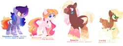 Size: 1280x483 | Tagged: safe, artist:obsidian-lxgend, artist:selenaede, derpibooru import, oc, oc:blessed blossom, oc:bonnie belle, oc:lucky clover, oc:thunder skies, unofficial characters only, earth pony, pegasus, pony, base used, coat markings, colored hooves, colored pupils, colored wings, female, heterochromia, image, mare, offspring, parent:applejack, parent:big macintosh, parent:caramel, parent:cheese sandwich, parent:fluttershy, parent:pinkie pie, parent:rainbow dash, parent:soarin', parents:carajack, parents:cheesepie, parents:fluttermac, parents:soarindash, png, simple background, transparent background, wings