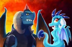 Size: 1280x829 | Tagged: safe, artist:talonsofwater, derpibooru import, dragon lord torch, princess ember, dragon, colored pupils, dragoness, father and child, father and daughter, female, hand on hip, image, jpeg, male, profile