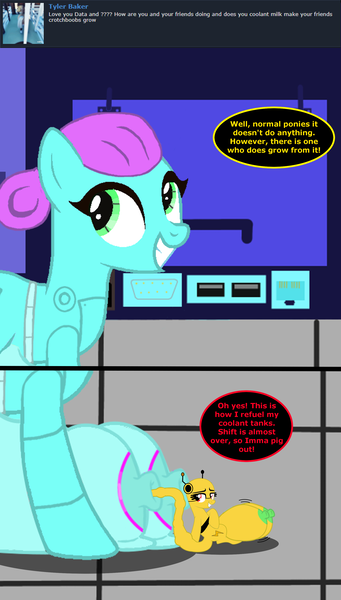 Size: 2000x3514 | Tagged: questionable, artist:tfarrgon, derpibooru import, oc, oc:data link, oc:zing trace, pony, robot, robot pony, big crotchboobs, comic, crotchboob expansion, crotchboobs, huge crotchboobs, image, impossibly large crotchboobs, lactation, milk, nipples, nudity, png, tail bulge