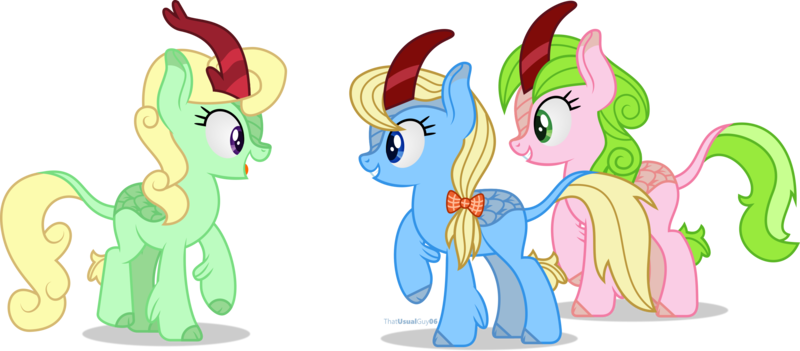 Size: 2711x1188 | Tagged: safe, artist:thatusualguy06, derpibooru import, apple cider (character), apple honey, apple tarty, red gala, kirin, pony, apple family member, atg 2021, female, high res, image, kirinified, looking at each other, mare, missing cutie mark, newbie artist training grounds, open mouth, png, raised hoof, simple background, species swap, transparent background, trio, trio female, vector