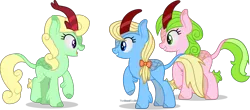 Size: 2711x1188 | Tagged: safe, artist:thatusualguy06, derpibooru import, apple cider (character), apple honey, apple tarty, red gala, kirin, pony, apple family member, atg 2021, female, high res, image, kirinified, looking at each other, mare, missing cutie mark, newbie artist training grounds, open mouth, png, raised hoof, simple background, species swap, transparent background, trio, trio female, vector