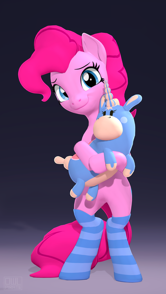 Size: 2160x3840 | Tagged: safe, artist:owlpirate, derpibooru import, pinkie pie, earth pony, pony, unicorn, 3d, 4k, balloonicorn, bipedal, clothes, cute, diapinkes, female, high res, hug, image, mare, plushie, png, socks, solo, source filmmaker, striped socks, team fortress 2