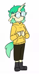 Size: 533x998 | Tagged: safe, artist:redxbacon, derpibooru import, oc, unofficial characters only, anthro, unicorn, clothes, female, glasses, hoodie, image, jpeg, solo