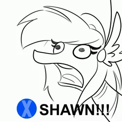 Size: 3000x3000 | Tagged: safe, artist:tjpones, derpibooru import, oc, oc:athena (shawn keller), pegasus, pony, black and white, bust, female, grayscale, guardians of pondonia, heavy rain, image, jpeg, mare, monochrome, open mouth, partial color, shawn, simple background, solo, white background, yelling