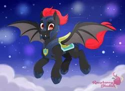 Size: 6419x4679 | Tagged: safe, artist:raspberrystudios, derpibooru import, oc, unofficial characters only, bat pony, pony, armor, bat pony oc, bat wings, cloud, commission, fangs, flying, image, looking at you, male, night, night guard, night guard armor, night sky, png, sky, stallion, stars, wings