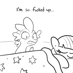 Size: 3000x3000 | Tagged: suggestive, artist:tjpones, derpibooru import, spike, twilight sparkle, dragon, pony, unicorn, bed, black and white, blanket, duo, female, grayscale, image, mare, monochrome, neon genesis evangelion, png, sleeping, the implications are horrible, unicorn twilight, vulgar