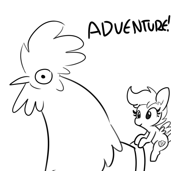 Size: 3000x3000 | Tagged: safe, artist:tjpones, derpibooru import, scootaloo, bird, pegasus, pony, black and white, female, filly, giant animal, grayscale, image, macro, monochrome, png, riding, rooster, simple background, white background