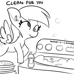 Size: 3000x3000 | Tagged: safe, artist:tjpones, derpibooru import, derpy hooves, pegasus, pony, black and white, derpy being derpy, dishes, female, fork, grayscale, image, mare, monochrome, png, simple background, solo, suds, washing machine, white background