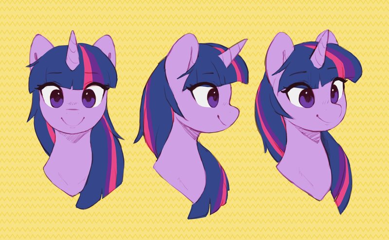 Size: 2728x1684 | Tagged: safe, artist:orchidpony, derpibooru import, twilight sparkle, unicorn, bust, different angles, image, jpeg, portrait, practice, simple background, smiling, solo