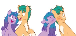 Size: 5808x2730 | Tagged: safe, artist:chub-wub, derpibooru import, hitch trailblazer, izzy moonbow, earth pony, pony, unicorn, blaze (coat marking), blushing, chest fluff, chin fluff, coat markings, eyes closed, facial markings, female, floppy ears, g5, high res, image, izzyhitch, jpeg, kiss on the cheek, kissing, looking at each other, male, mare, one eye closed, open mouth, pale belly, raised hoof, shipping, simple background, socks (coat marking), stallion, straight, white background