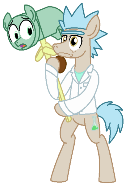 Size: 448x659 | Tagged: safe, artist:vgc2001, derpibooru import, pony morty, pony rick, ponified, earth pony, pony, grannies gone wild, clothes, erlenmeyer flask, flask, foal, fortnite, hammer, image, lab coat, male, morty smith, png, reference, rick and morty, rick sanchez, stallion, worried