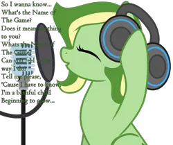 Size: 1185x989 | Tagged: safe, artist:candysweets90240, artist:didgereethebrony, derpibooru import, oc, oc:boomerang beauty, pegasus, pony, abba, base used, headphones, image, lyrics, microphone, png, simple background, singing, solo, text, the name of the game, trace, transparent background