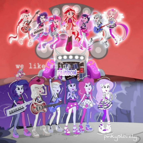 Size: 1080x1080 | Tagged: safe, derpibooru import, edit, edited screencap, editor:pinkyslovely, screencap, applejack, fluttershy, pinkie pie, rainbow dash, rarity, sci-twi, spike, sunset shimmer, twilight sparkle, vinyl scratch, dog, equestria girls, rainbow rocks, bass guitar, clothes, cutie mark, cutie mark on clothes, eyes closed, female, hairpin, high heels, humane five, humane seven, humane six, image, jpeg, male, musical instrument, open mouth, ponied up, rainbow rocks outfit, shoes, smiling, spike the dog, tambourine, welcome to the show