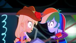 Size: 3410x1920 | Tagged: safe, derpibooru import, screencap, applejack, rainbow dash, eqg summertime shorts, equestria girls, raise this roof, belt, clothes, cowboy hat, cutie mark, cutie mark on clothes, duo, duo female, faic, fall formal outfits, female, fingerless gloves, gloves, hat, image, jpeg, open mouth, rainbow dash is best facemaker, sleeveless, strapless, wide eyes