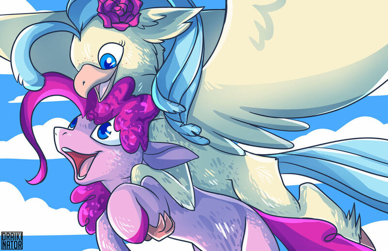 Size: 1024x663 | Tagged: safe, artist:polyhexian, derpibooru import, pinkie pie, princess skystar, earth pony, hippogriff, my little pony: the movie, cloud, cute, diapinkes, female, image, jpeg, lesbian, shipping, sky, sky background, skyabetes, skypie