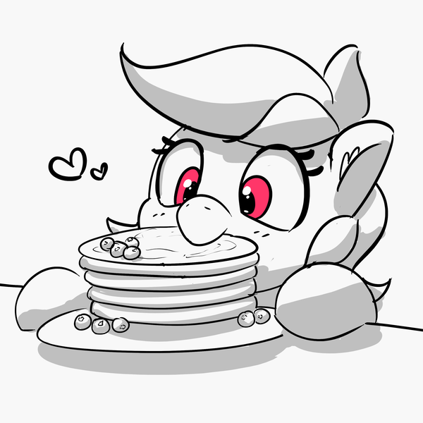 Size: 3000x3000 | Tagged: safe, artist:pabbley, derpibooru import, rainbow dash, pegasus, pony, /mlp/, /mlp/ con, cute, dashabetes, ear fluff, floating heart, food, heart, image, nom, pancakes, partial color, png, requested art, solo, wrong eye color