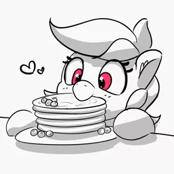 Size: 3000x3000 | Tagged: safe, artist:pabbley, derpibooru import, rainbow dash, pegasus, pony, /mlp/, /mlp/ con, cute, dashabetes, ear fluff, floating heart, food, heart, image, nom, pancakes, partial color, png, requested art, solo, wrong eye color