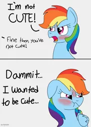 Size: 2894x4000 | Tagged: safe, artist:lynnthenerdkitty, derpibooru import, rainbow dash, pegasus, pony, blushing, comic, gray background, i'm not cute, image, meme, offscreen character, png, scrunchy face, simple background, solo, tsunderainbow, tsundere