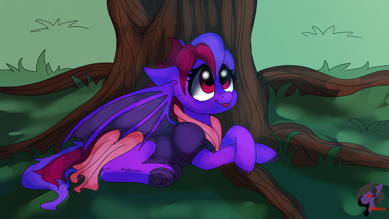 Size: 3840x2160 | Tagged: safe, artist:brainiac, derpibooru import, oc, oc:violet rose ze vampony, bat pony, pony, clothes, cute, dress, frog (hoof), image, lying down, png, prone, solo, tongue out, tree, underhoof