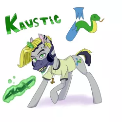 Size: 5000x5000 | Tagged: safe, artist:xasslash, derpibooru import, oc, oc:kaustic, pony, snake, unicorn, acid, clothes, cross necklace, cutie mark, drool, ear piercing, gas mask, green eyes, image, jpeg, mask, piercing, sharp teeth, shirt, simple background, solo, sword, teeth, test tube, upside down cross, weapon