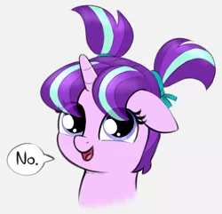 Size: 1378x1328 | Tagged: artist needed, source needed, safe, derpibooru import, starlight glimmer, pony, unicorn, bust, dialogue, female, filly, filly starlight glimmer, image, no, open mouth, open smile, pigtails, png, portrait, smiling, solo, younger