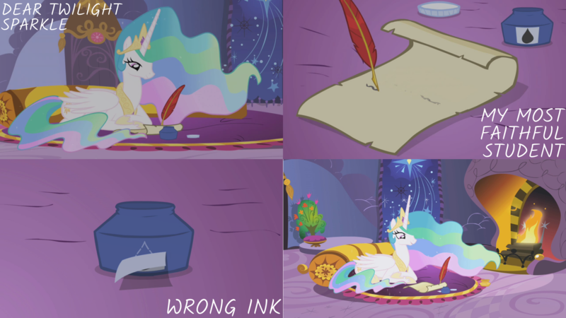 Size: 2000x1125 | Tagged: safe, derpibooru import, edit, edited screencap, editor:quoterific, screencap, princess celestia, alicorn, pony, griffon the brush off, season 1, crown, female, image, ink, jewelry, magic, mare, open mouth, png, regalia, solo, telekinesis