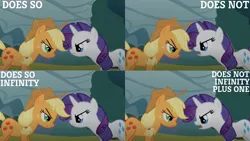 Size: 2000x1125 | Tagged: safe, derpibooru import, edit, edited screencap, editor:quoterific, screencap, applejack, rarity, earth pony, pony, unicorn, look before you sleep, season 1, applejack's hat, cowboy hat, duo, duo female, female, hat, image, mare, open mouth, png