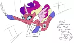 Size: 808x476 | Tagged: safe, artist:jargon scott, derpibooru import, princess cadance, alicorn, earth pony, pony, clothes, costume, duo, female, food, image, mare, peetzer, pizza, pizza box, png, pointing, solo focus, spider web, spider-man, swinging, wind, windswept mane