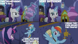 Size: 2000x1125 | Tagged: safe, derpibooru import, edit, edited screencap, editor:quoterific, screencap, rainbow dash, rarity, twilight sparkle, twilight sparkle (alicorn), alicorn, pegasus, pony, unicorn, party pooped, season 5, broom, female, flying, glue, image, magic, mare, open mouth, png, telekinesis, twilight's castle