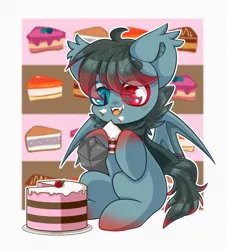 Size: 2000x2200 | Tagged: safe, artist:etoz, derpibooru import, oc, oc:mystery iris, unofficial characters only, bat pony, pony, bat pony oc, bat wings, blushing, cake, chibi, commission, cute, eating, eyebrows, fangs, food, happy, herbivore, image, male, open mouth, png, sitting, smiling, stallion, wings