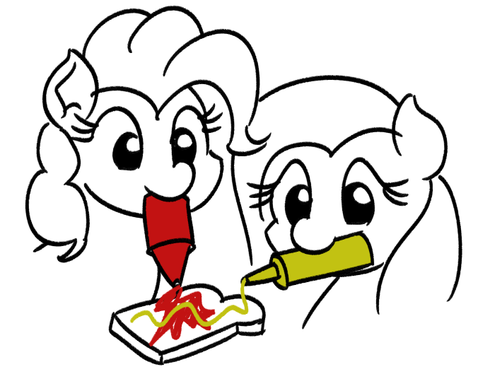 Size: 676x536 | Tagged: safe, artist:mkogwheel, derpibooru import, fluttershy, pinkie pie, earth pony, pegasus, pony, bread, bust, cute, diapinkes, female, food, image, ketchup, mare, mouth hold, mustard, partial color, png, sauce, shyabetes, simple background, white background