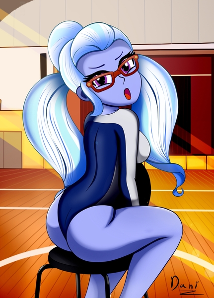 Size: 2300x3200 | Tagged: suggestive, artist:danielitamlp, derpibooru import, sugarcoat, equestria girls, ass, basketball court, breasts, busty sugarcoat, butt, chair, clothes, commission, commissioner:branagain, glasses, gym, image, irritated, jpeg, legs, leotard, looking at you, looking over shoulder, open mouth, pigtails, pinup, sitting, stage, stupid sexy sugarcoat, sugarcheeks