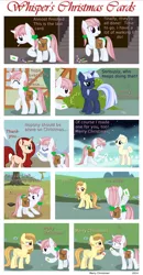 Size: 1800x3450 | Tagged: safe, artist:cranberry-tofu, artist:estories, derpibooru import, oc, oc:alice goldenfeather, oc:pearl dreams, oc:rouge fervour, oc:silverlay, oc:whisper call, pony, unicorn, bag, card, christmas, comic, duo, duo female, female, holiday, image, mare, png, saddle bag, simple background, solo, transparent background, unamused