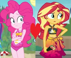 Size: 1129x921 | Tagged: safe, derpibooru import, edit, edited screencap, screencap, pinkie pie, rainbow dash, sci-twi, sunset shimmer, twilight sparkle, human, equestria girls, equestria girls series, forgotten friendship, x marks the spot, beach, belly button, clothes, cropped, female, food, heart, image, lesbian, offscreen character, open mouth, png, sarong, shipping, shipping domino, sunsetpie, sushi, swimsuit