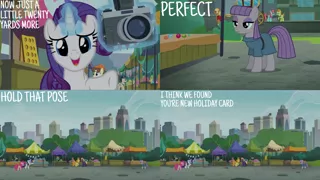 Size: 2000x1125 | Tagged: safe, derpibooru import, edit, edited screencap, editor:quoterific, screencap, maud pie, pinkie pie, rarity, earth pony, pony, unicorn, season 6, the gift of the maud pie, camera, female, image, magic, male, manehattan, mare, open mouth, png, stallion, telekinesis