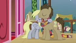 Size: 1920x1080 | Tagged: safe, derpibooru import, screencap, derpy hooves, doctor whooves, time turner, earth pony, pegasus, pony, season 5, slice of life (episode), clothes, female, fourth doctor's scarf, hug, image, male, mare, open mouth, png, scarf, stallion, tom baker's scarf