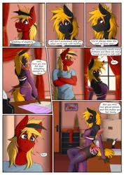 Size: 2124x3000 | Tagged: suggestive, artist:twotail813, derpibooru import, oc, oc:gear, oc:hearty, unofficial characters only, anthro, pegasus, comic:this is why i'm here, anthro oc, breasts, clothes, comic, eyeshadow, female, gloves, image, makeup, male, pegasus oc, png, text, wingless, wingless anthro, wings