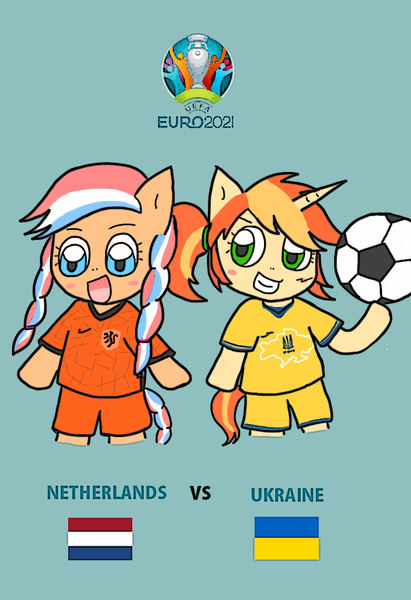 Size: 820x1196 | Tagged: safe, artist:foxy1219, derpibooru import, oc, oc:ember (hwcon), oc:sunlight ray (bronukon), earth pony, unicorn, euro 2020, football, image, netherlands, png, sports, ukraine