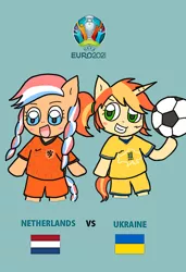 Size: 820x1196 | Tagged: safe, artist:foxy1219, derpibooru import, oc, oc:ember (hwcon), oc:sunlight ray (bronukon), earth pony, unicorn, euro 2020, football, image, netherlands, png, sports, ukraine