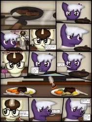 Size: 1750x2333 | Tagged: safe, artist:99999999000, derpibooru import, oc, oc:cwe, oc:firearm king, unofficial characters only, pony, comic:visit, clothes, comic, cooking, food, glasses, image, meat, png, ponies eating meat