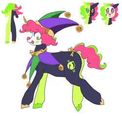 Size: 1200x1143 | Tagged: safe, artist:greenarsonist, derpibooru import, oc, oc:jesse wisecracker, unofficial characters only, unicorn, :p, bells, bow, chubby, clown makeup, clown nose, face paint, hat, heterochromia, image, jester, jester hat, makeup, png, shorn fetlocks, solo, tongue out, two toned mane, two toned tail