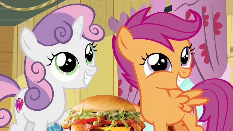 Size: 1280x720 | Tagged: safe, artist:heyitshayburgers, derpibooru import, edit, edited screencap, screencap, scootaloo, sweetie belle, burger, cheeseburger, food, hamburger, image, jpeg