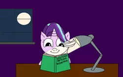 Size: 2000x1257 | Tagged: safe, artist:blazewing, derpibooru import, starlight glimmer, unicorn, atg 2021, book, drawpile, female, image, kite, lamp, moon, newbie artist training grounds, night, png, reading, smiling, stars, table, text, that pony sure does love kites, window
